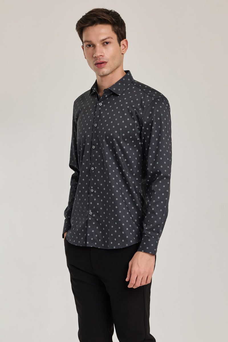 Charcoal Grey Slim Fit Geometric Shirt