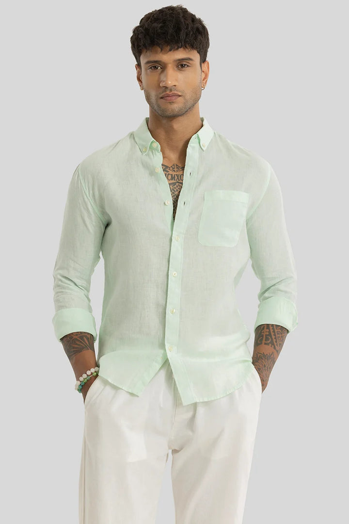 Elementary Light Green Plain Pure Linen Shirt