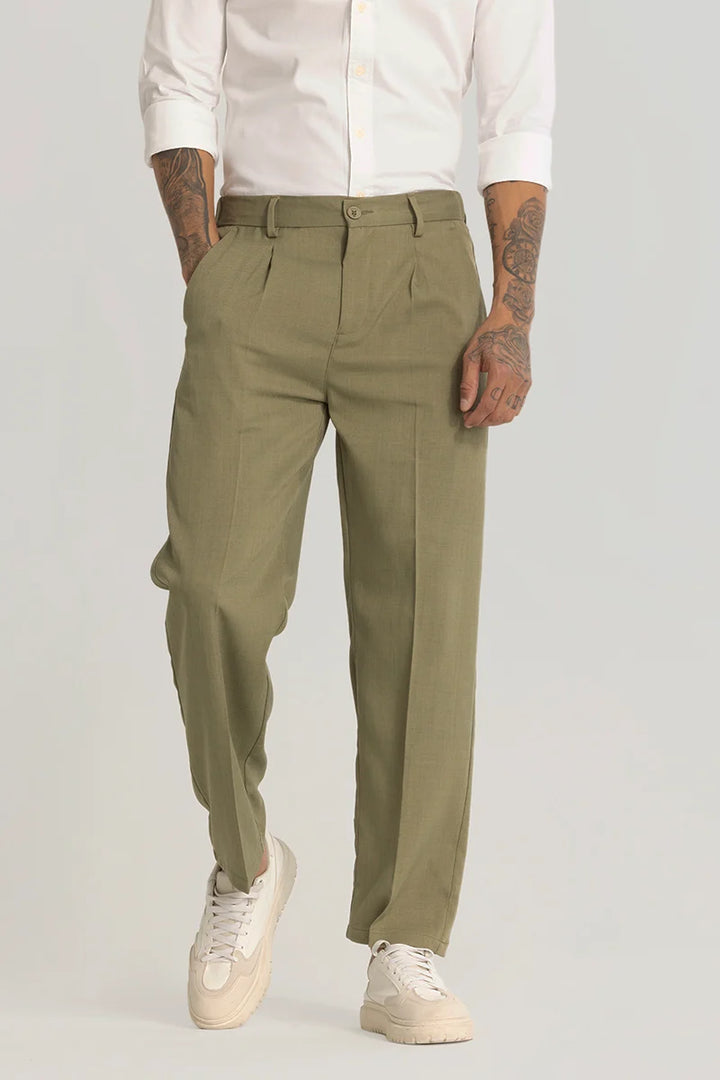 Olive Plain Relaxed Fit Trousers