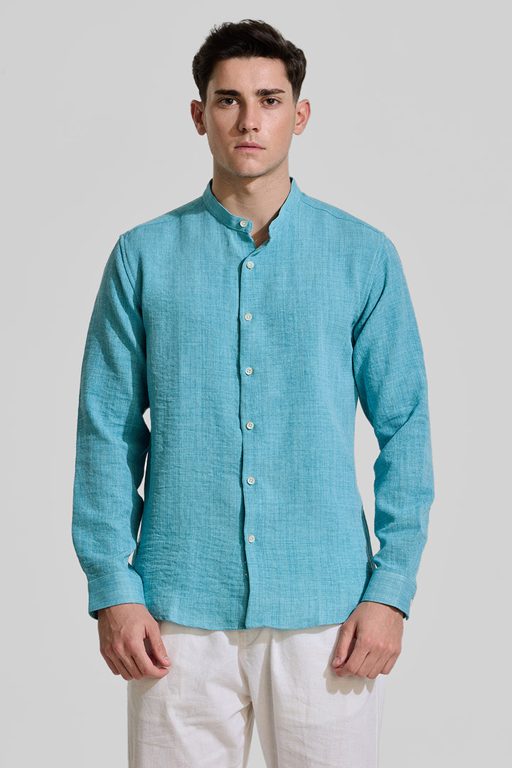 Turquoise Mandarin Textured Shirt