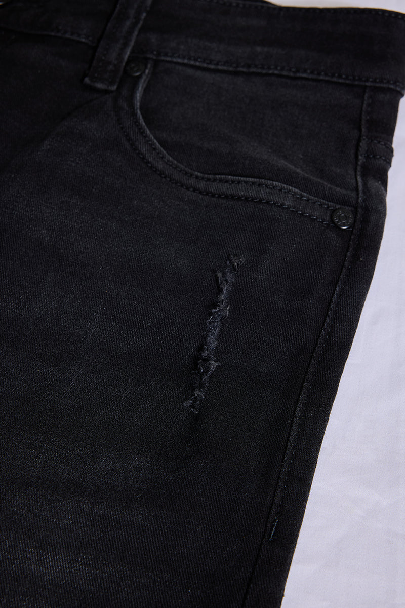 Black Distressed Tapered Fit Jeans