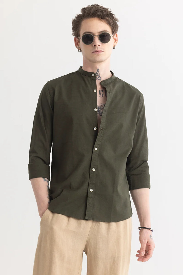 Mandarique Olive Linen Blend Shirt