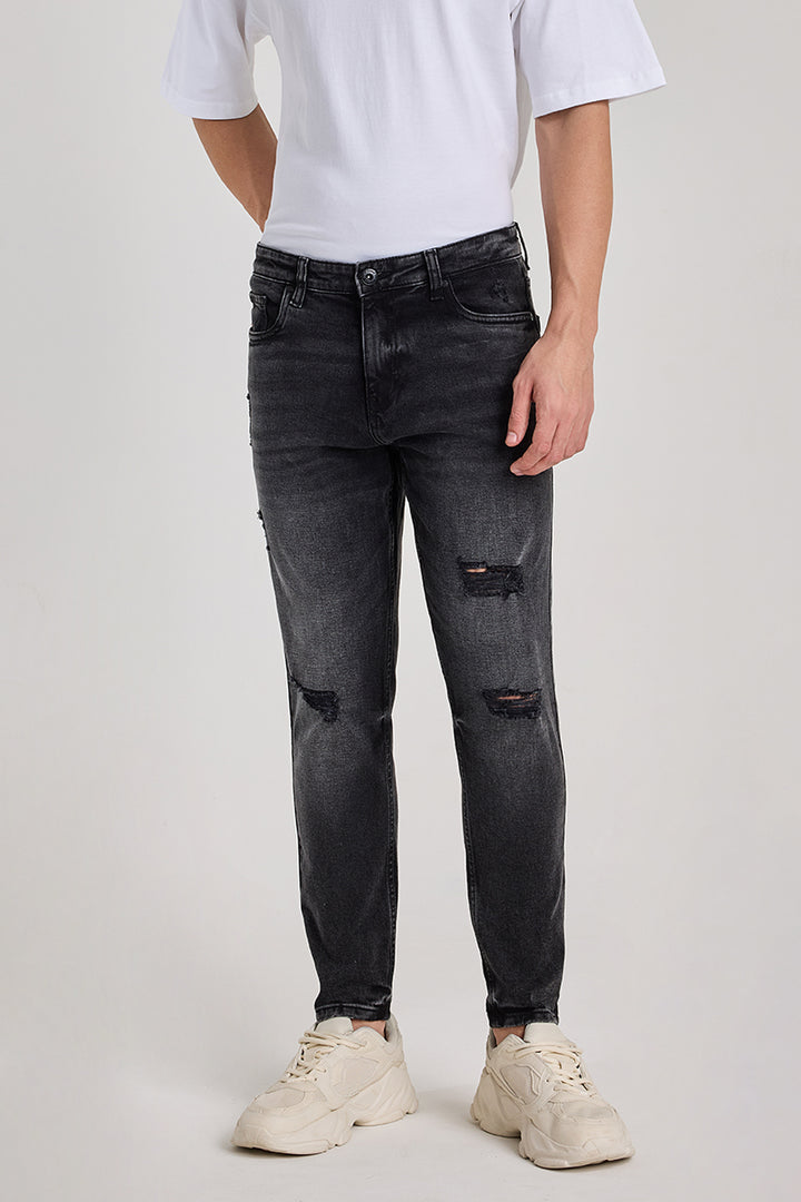 Charcoal Grey Distressed Tapered Fit Jeans