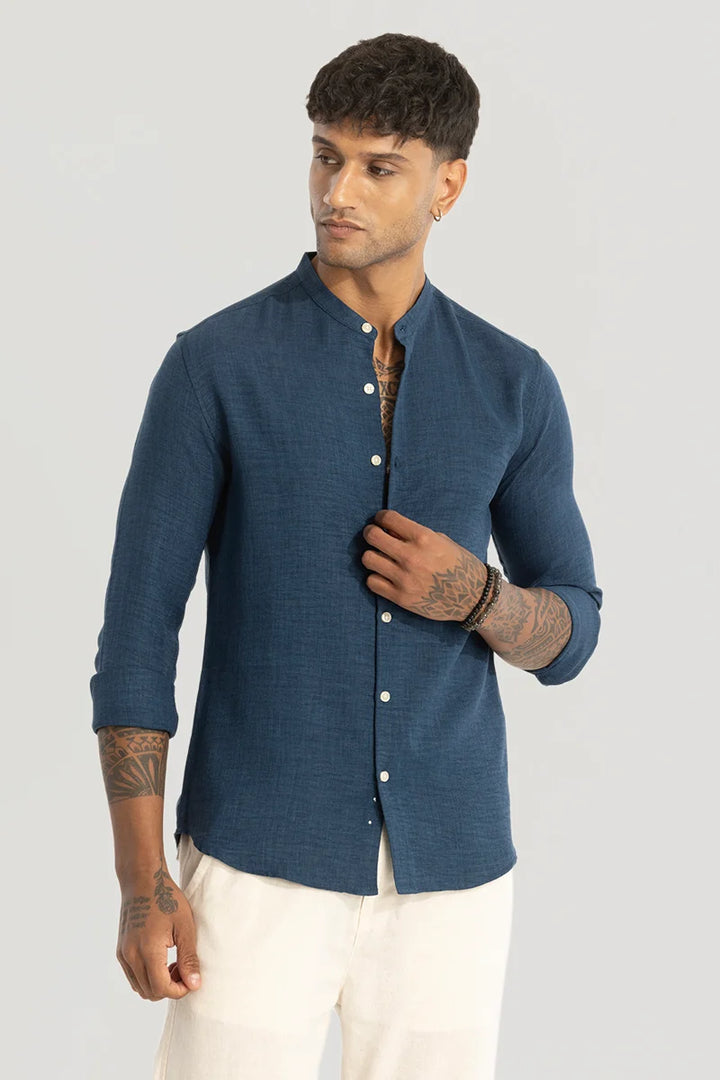 Teal Plain Mandarin Shirt