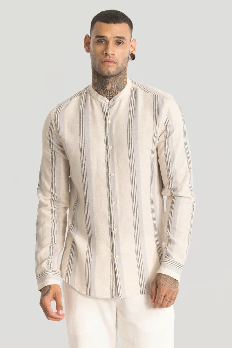 Cream Stripes Linen Blend Shirt