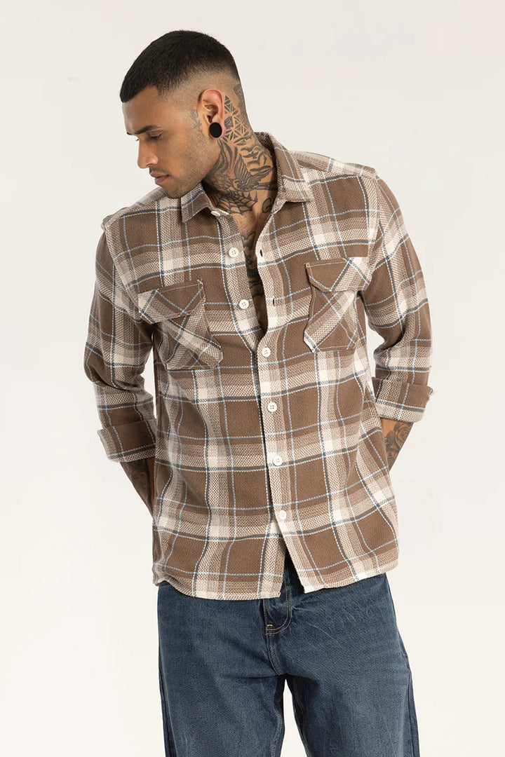 Brown Double Pocket Checks Shirt