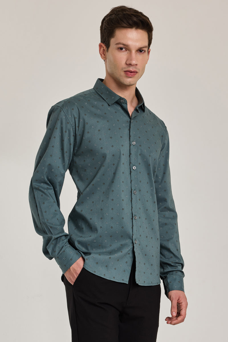 Teal Geometric Slim Fit Shirt