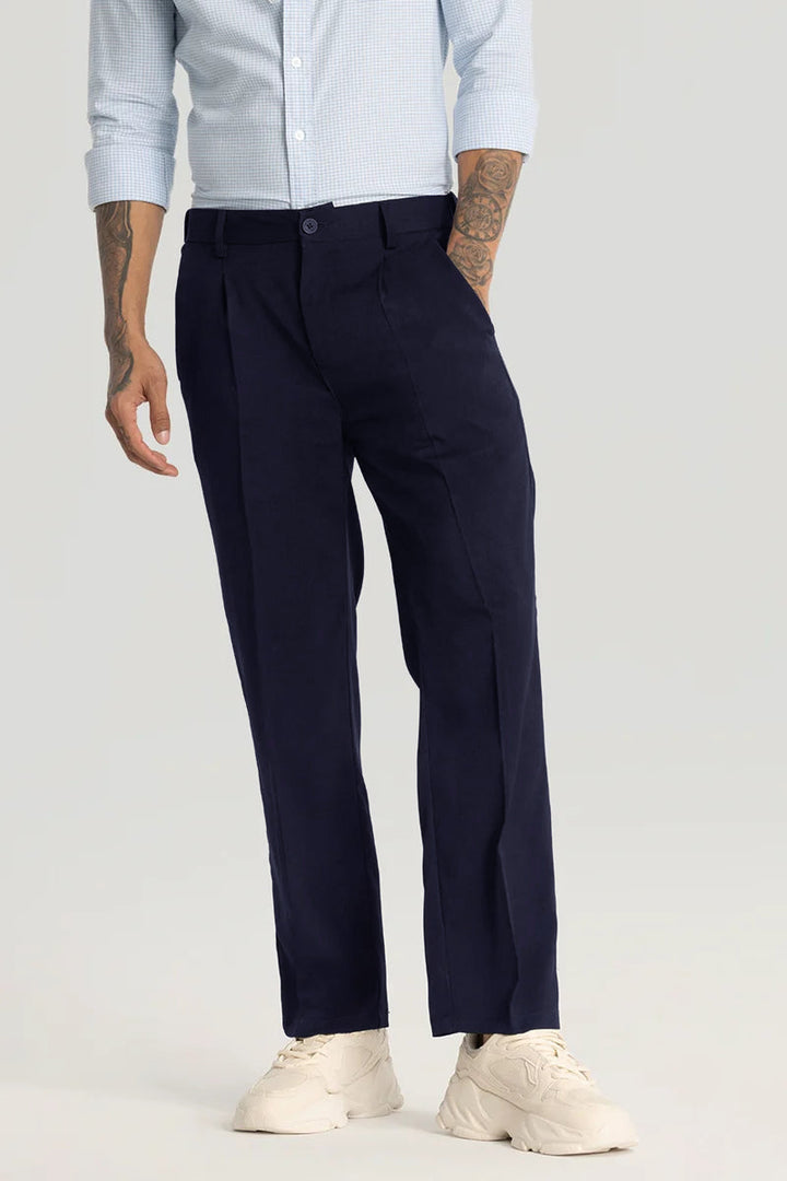 Navy Plain Relaxed Fit Trousers