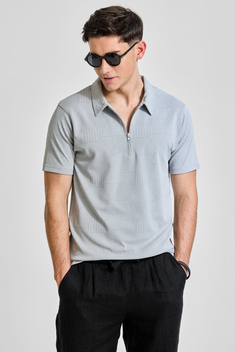 Grey Zipper Textured Polo T-Shirt