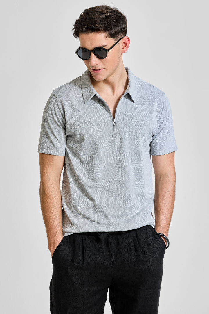 Grey Zipper Textured Polo T-Shirt