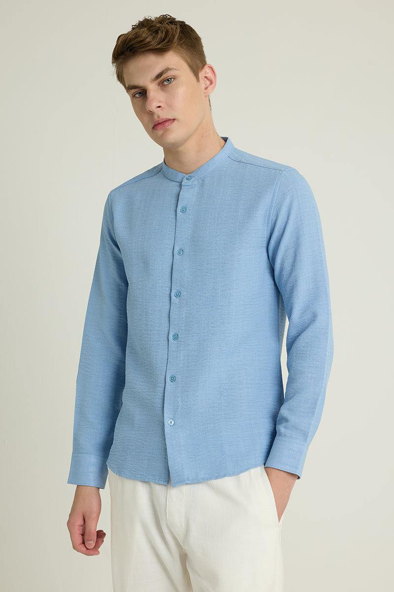 Light Blue Mandarin Self Stripe Shirt