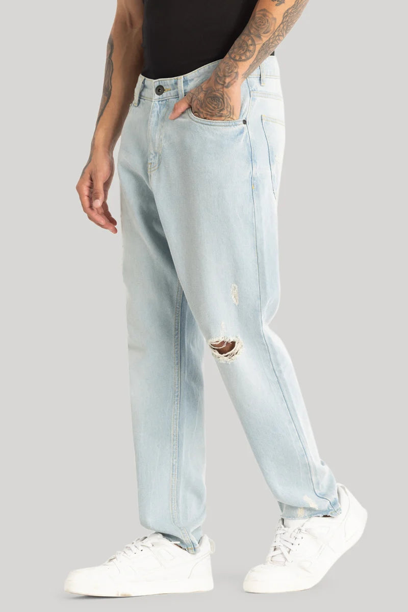 Sky Blue Distressed Baggy Fit Jeans