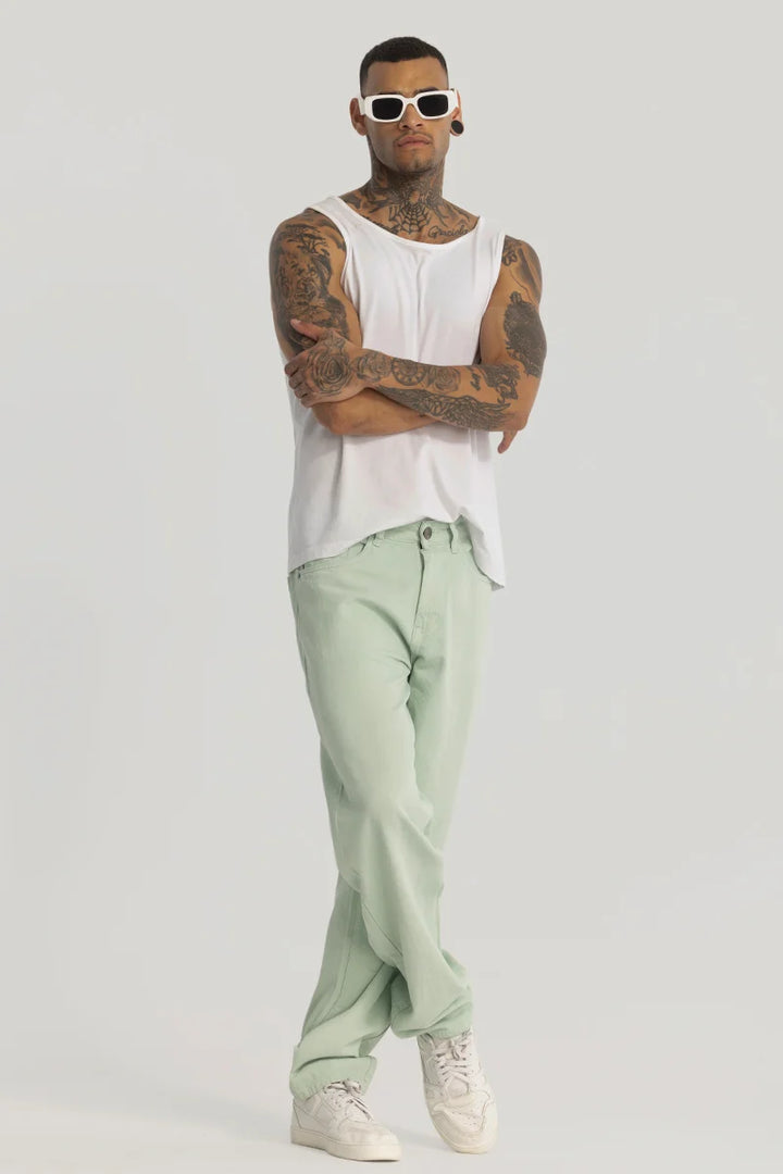 Green Plain Baggy Fit Jeans