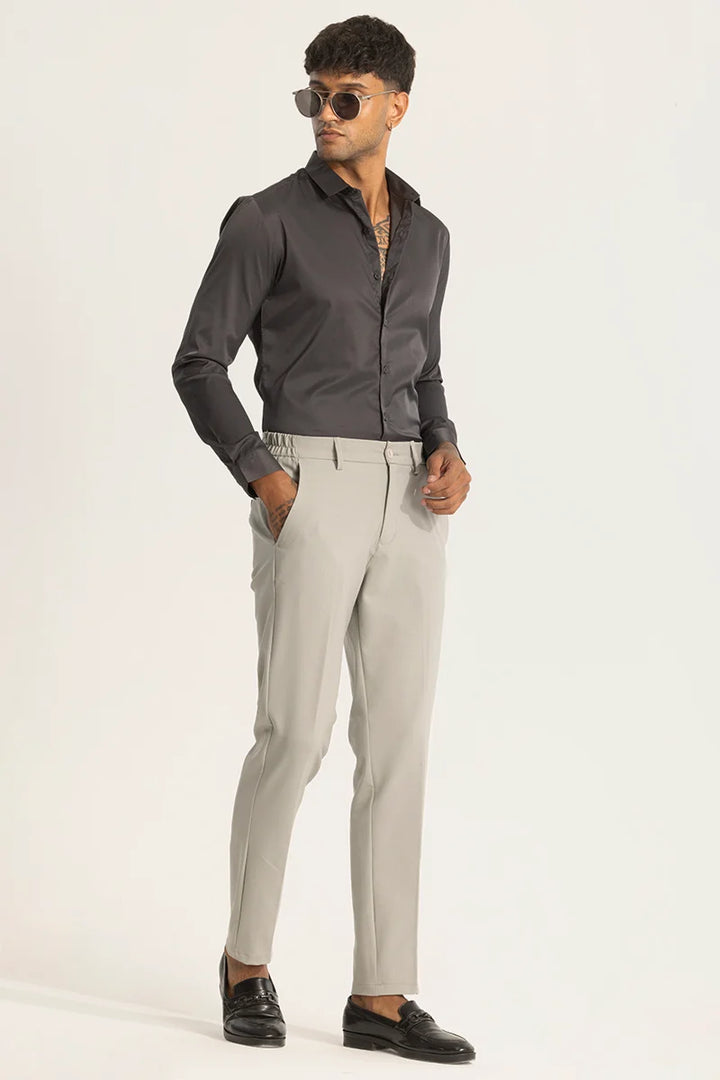 Cream Self-Design Slim Fit Trousers