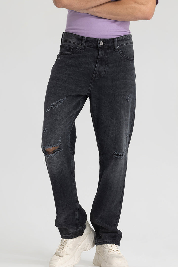 Dark Grey Distressed Relaxed Fit Jeans