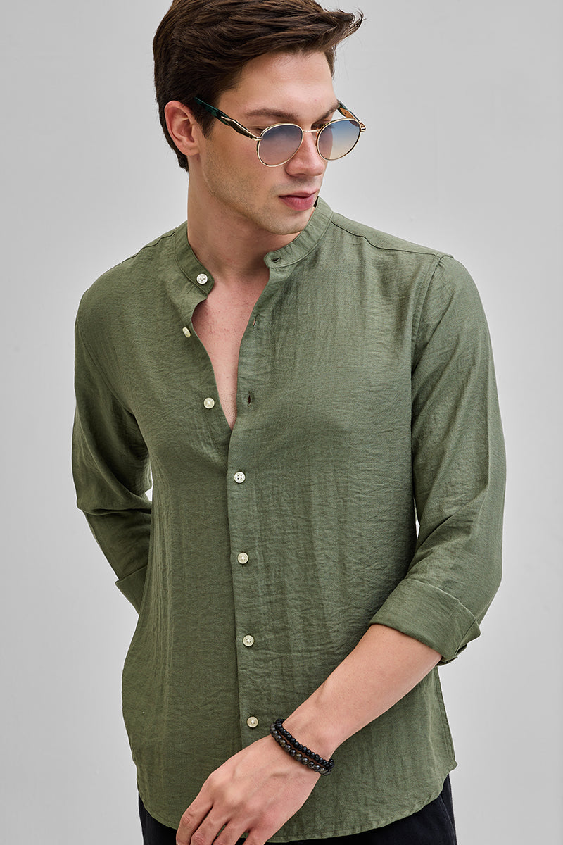 Olive Mandarin Linen Blend Shirt