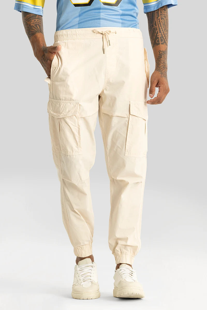 Realm Cream Plain Regular Fit Cargo Pants