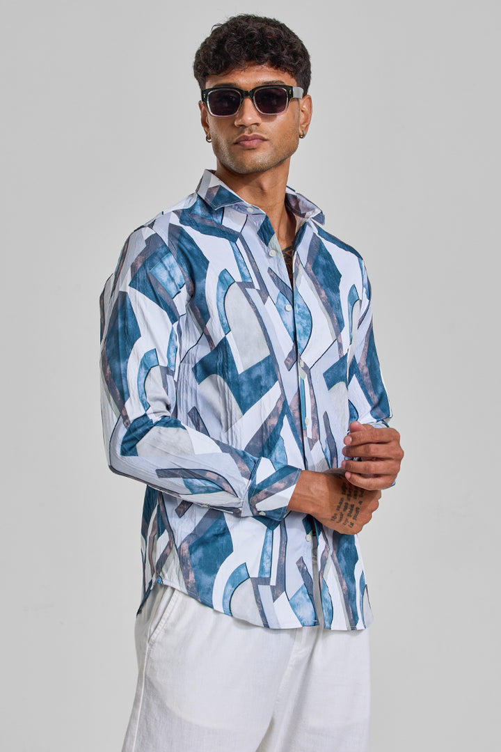 Teal Abstract Slim Fit Shirt