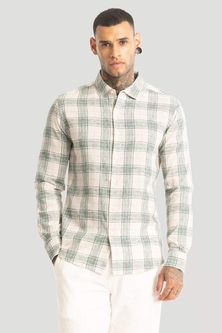 Green Linen Blend Checks Shirt