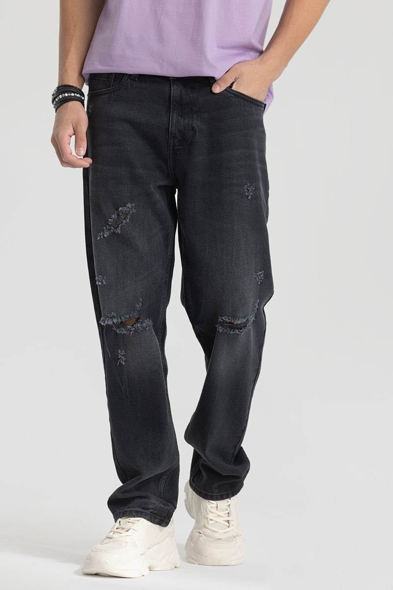 Dark Grey Distressed Relaxed Fit Jeans