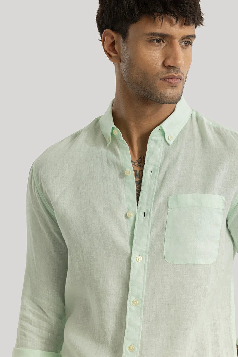 Elementary Light Green Plain Pure Linen Shirt