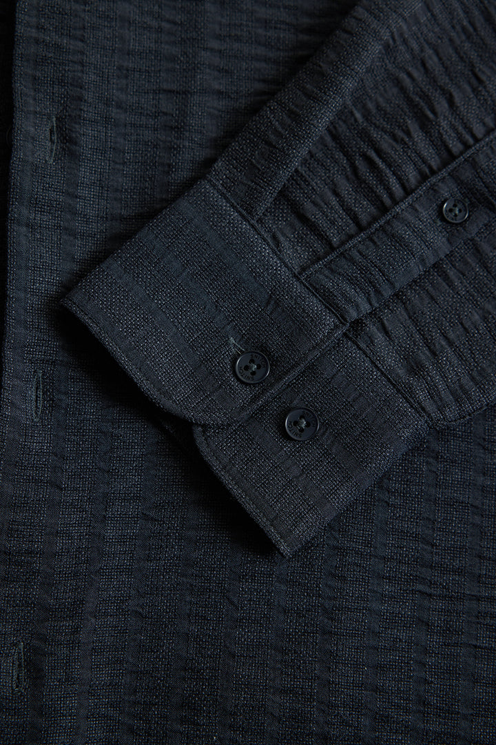 Navy Mandarin Self Stripe Shirt