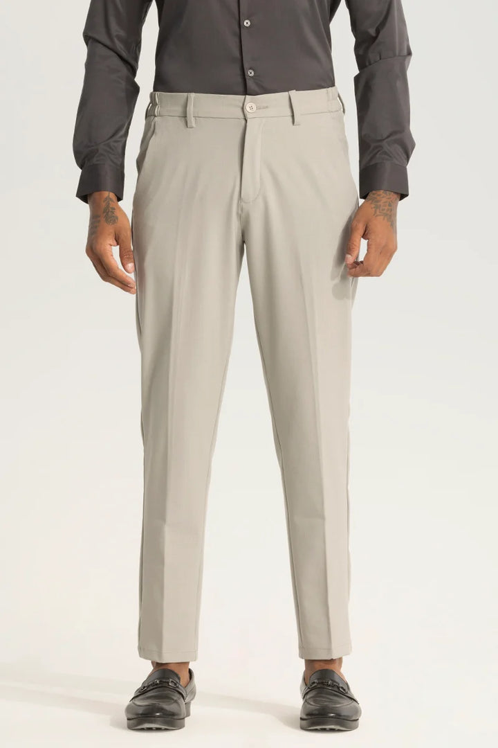 Cream Self-Design Slim Fit Trousers