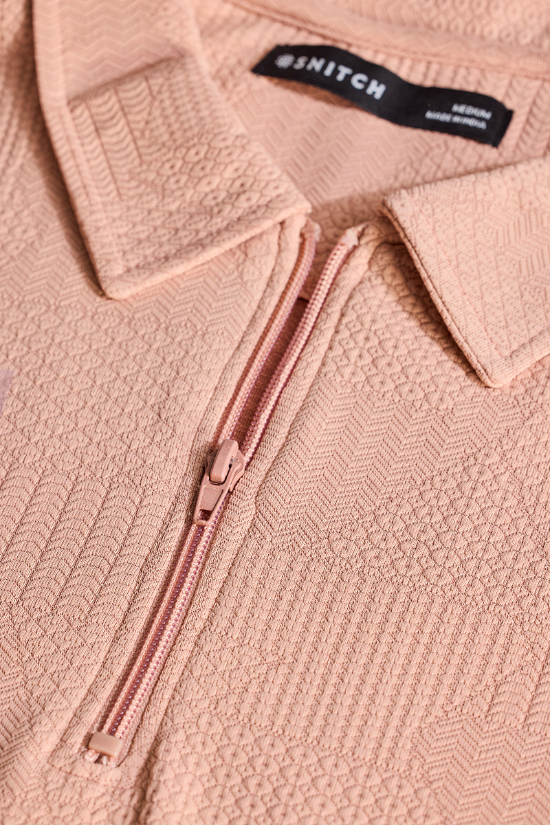 Peach Zipper Textured Polo T-Shirt