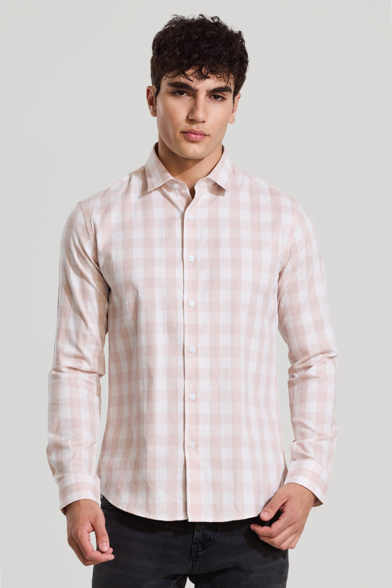 Peach Gingham Slim Fit Shirt