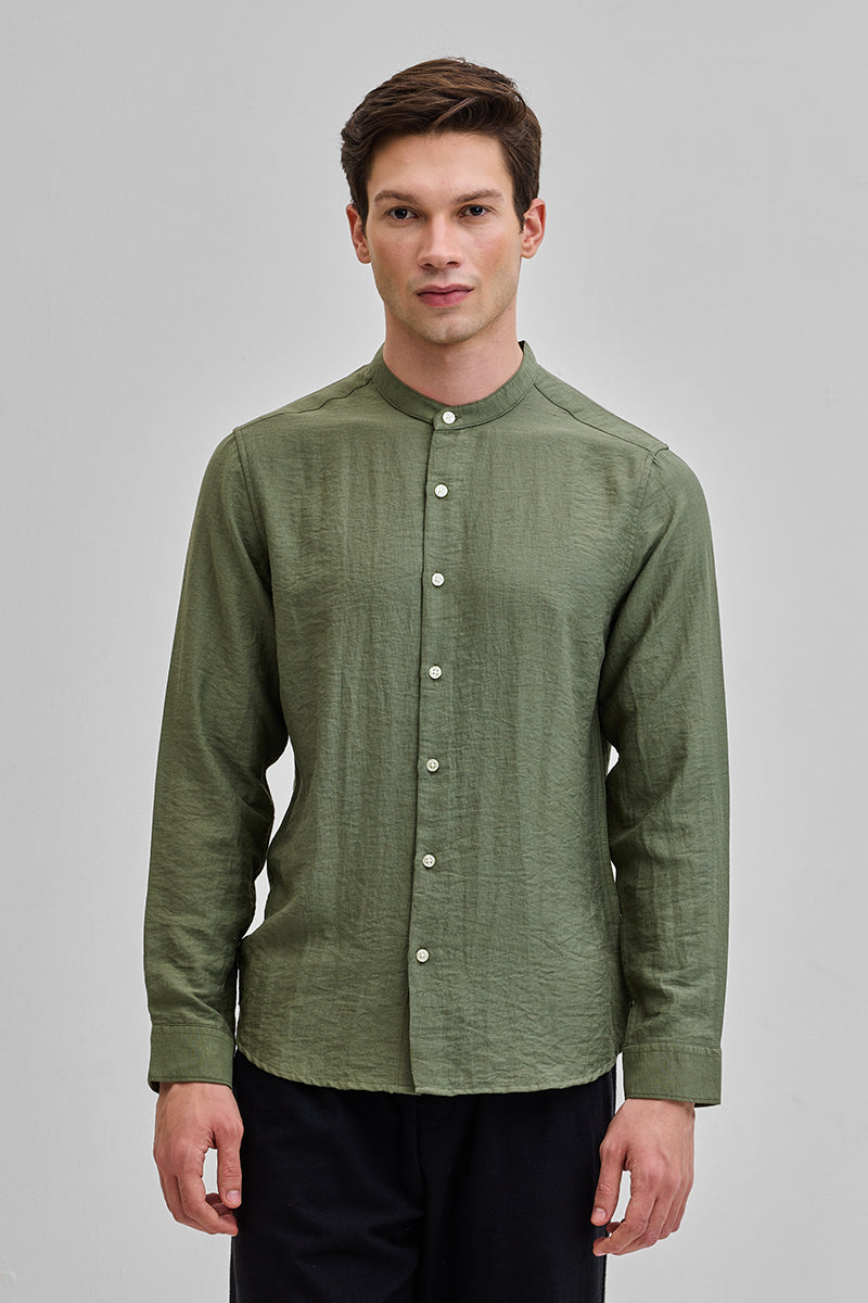 Olive Mandarin Linen Blend Shirt