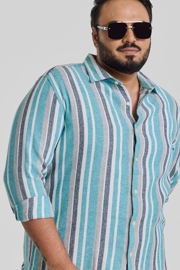 Turquoise Stripes Casual Plus Size Shirt