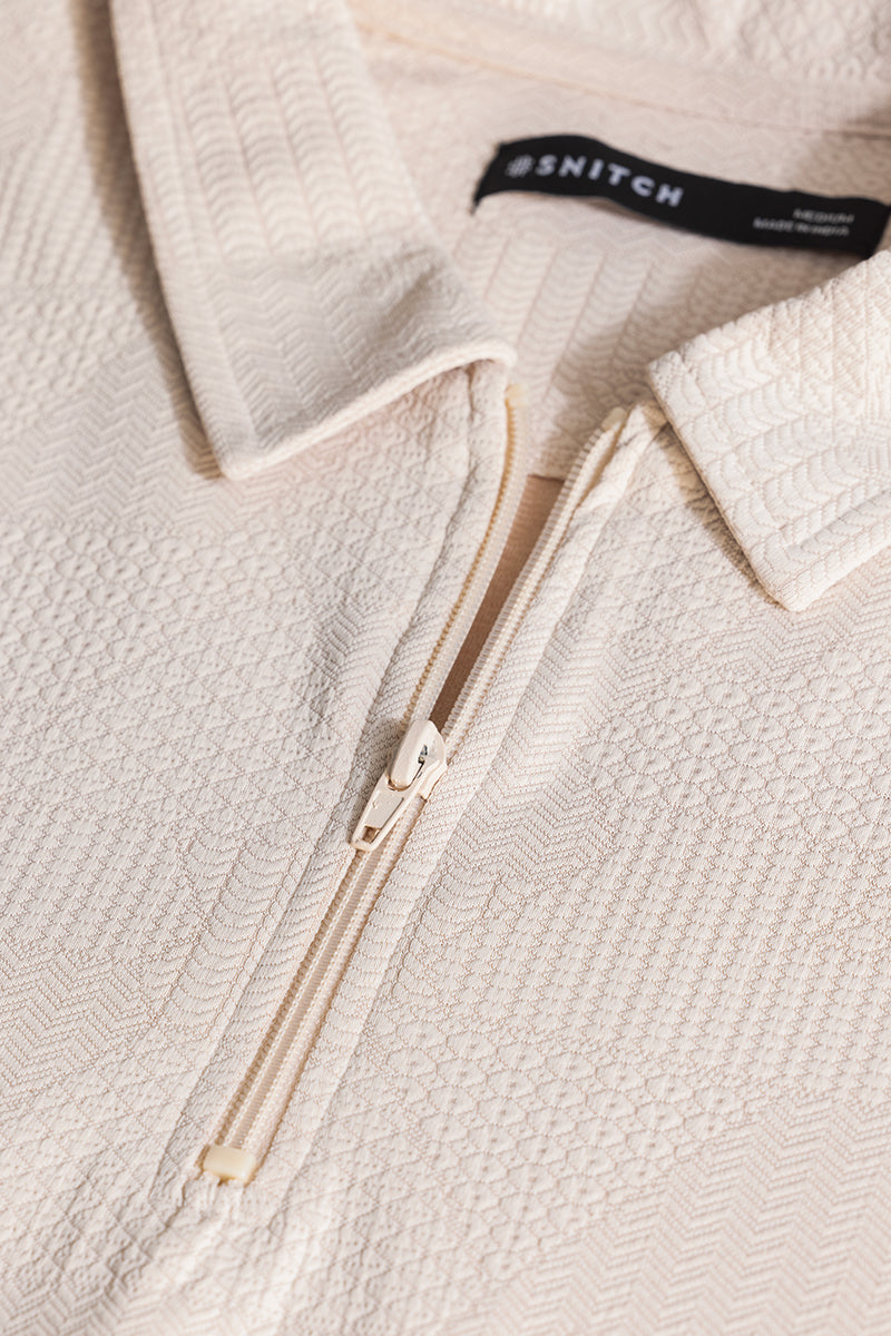 Cream Zipper Textured Polo T-Shirt