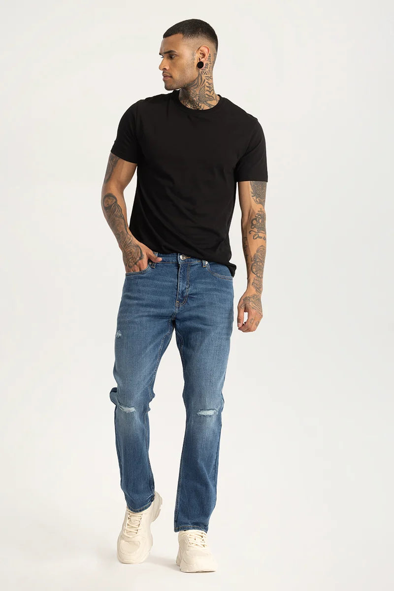 Blue Distressed Regular Fit Jeans