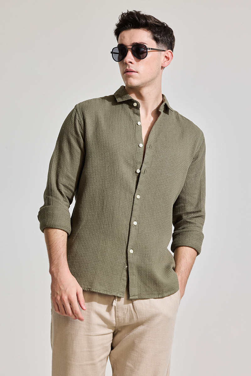 Olive Slim Fit Textured Shirt