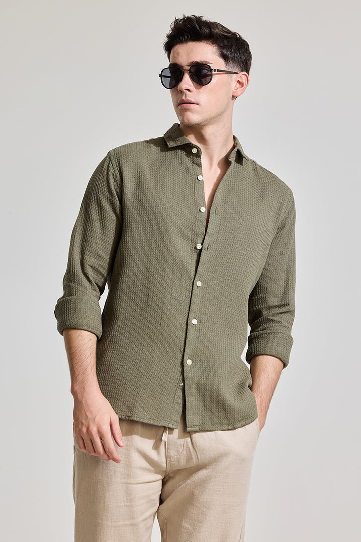 Olive Slim Fit Textured Shirt