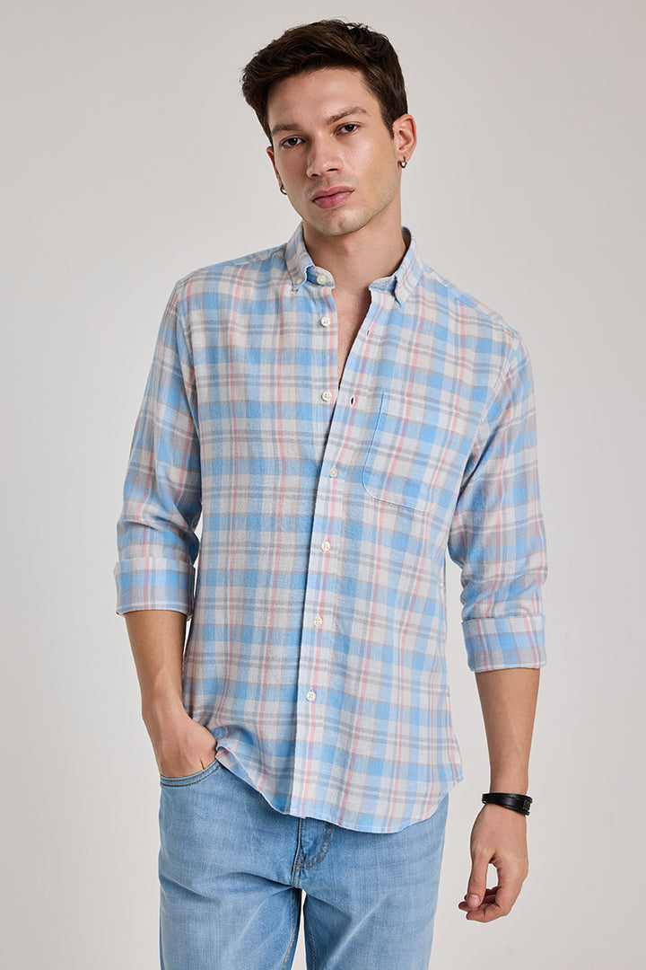 Light Blue Checks Linen Blend Shirt