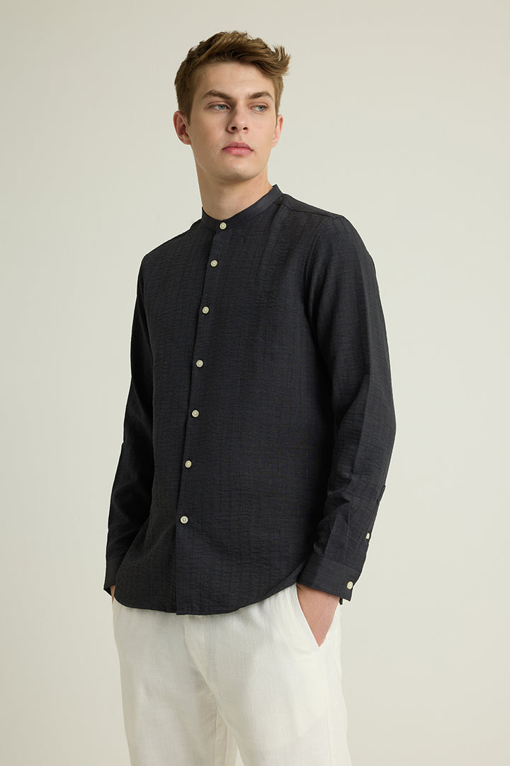 Charcoal Grey Mandarin Textured Shirt