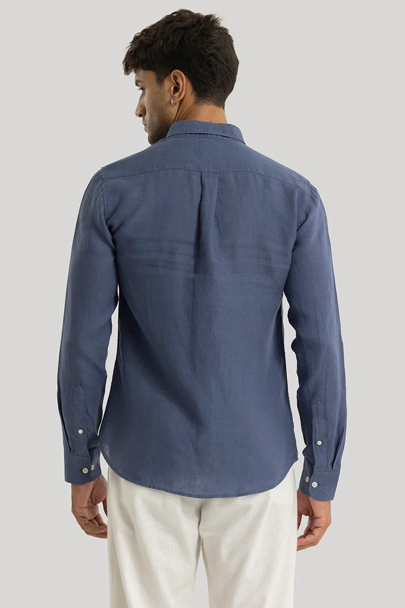 Elementary Stone Blue Plain Pure Linen Shirt