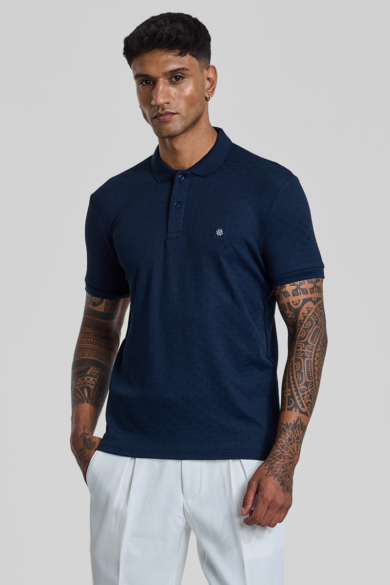 Navy Textured Polo T-Shirt