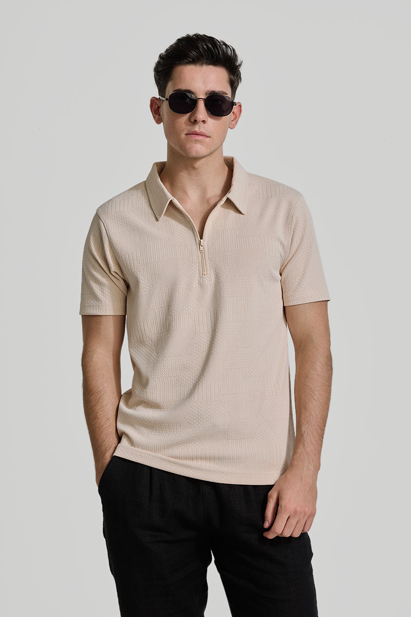 Beige Zipper Textured Polo T-Shirt