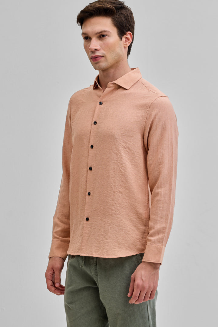 Peach Textured Linen Blend Shirt