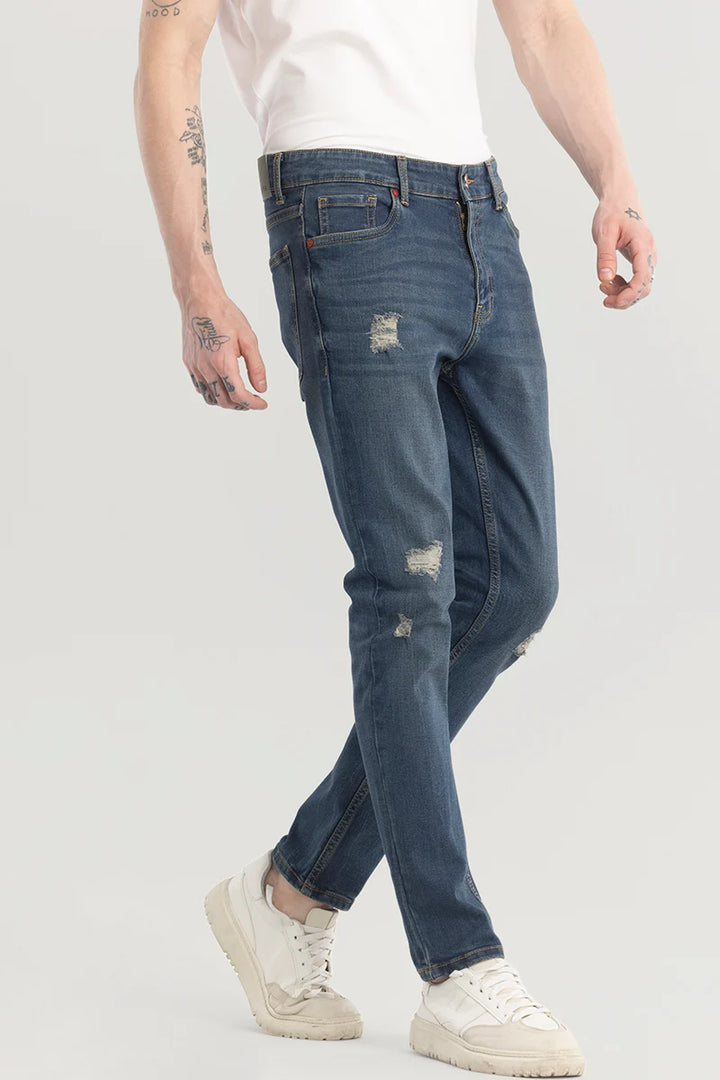 Denimique Spruce Blue Distressed Slim Fit Jeans