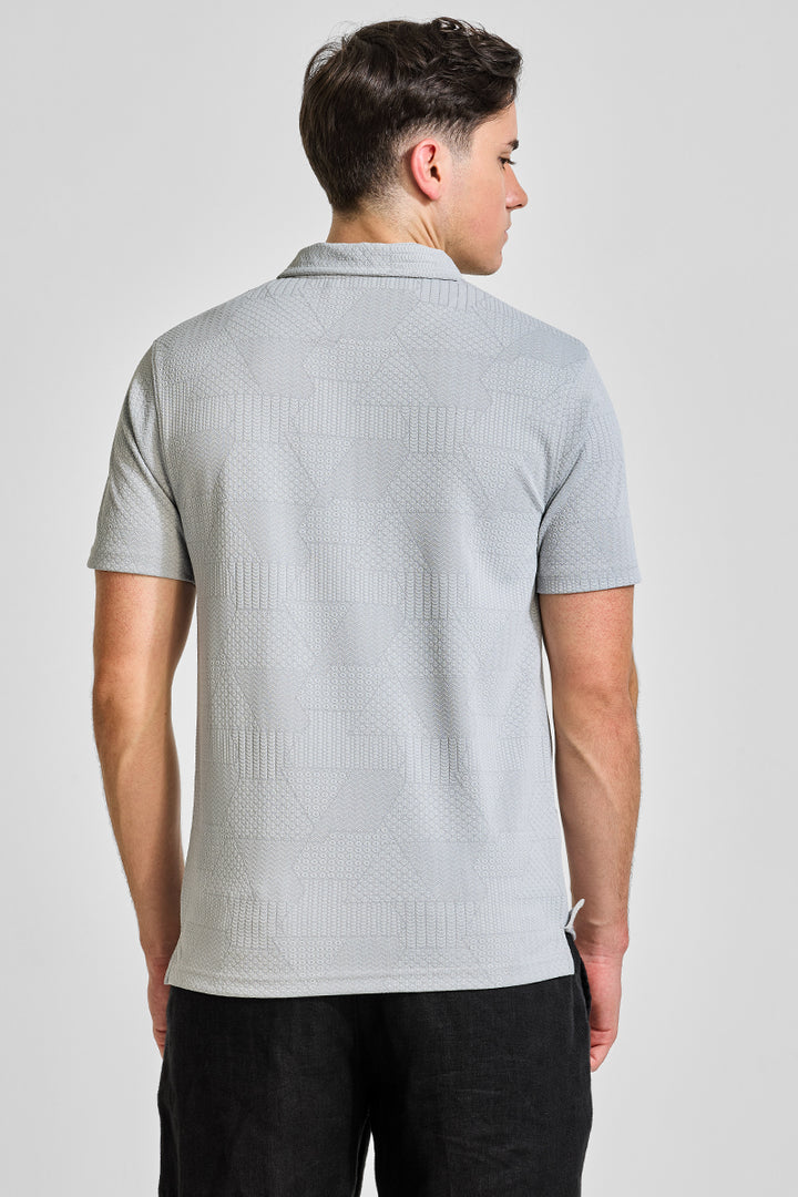 Grey Zipper Textured Polo T-Shirt