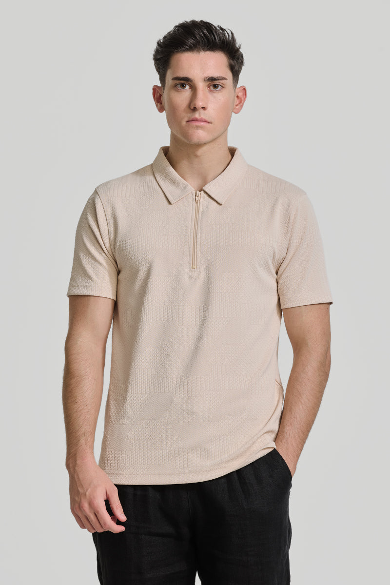 Beige Zipper Textured Polo T-Shirt