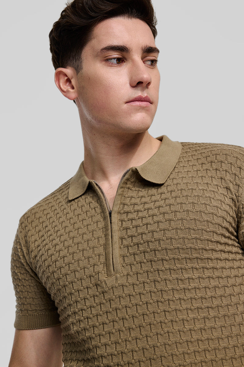 Khaki Zipper Knitted Polo T-Shirt