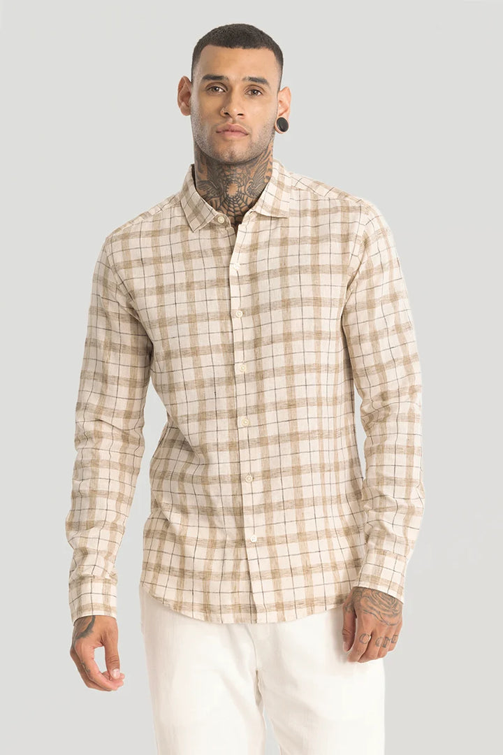 Beige Linen Blend Checks Shirt