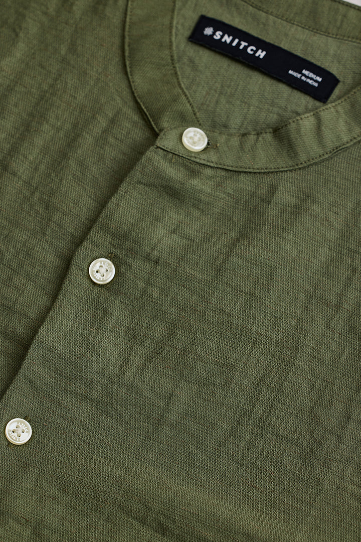 Olive Mandarin Linen Blend Shirt