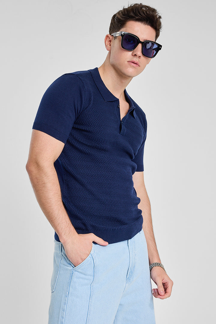 Navy Knitted Polo T-Shirt