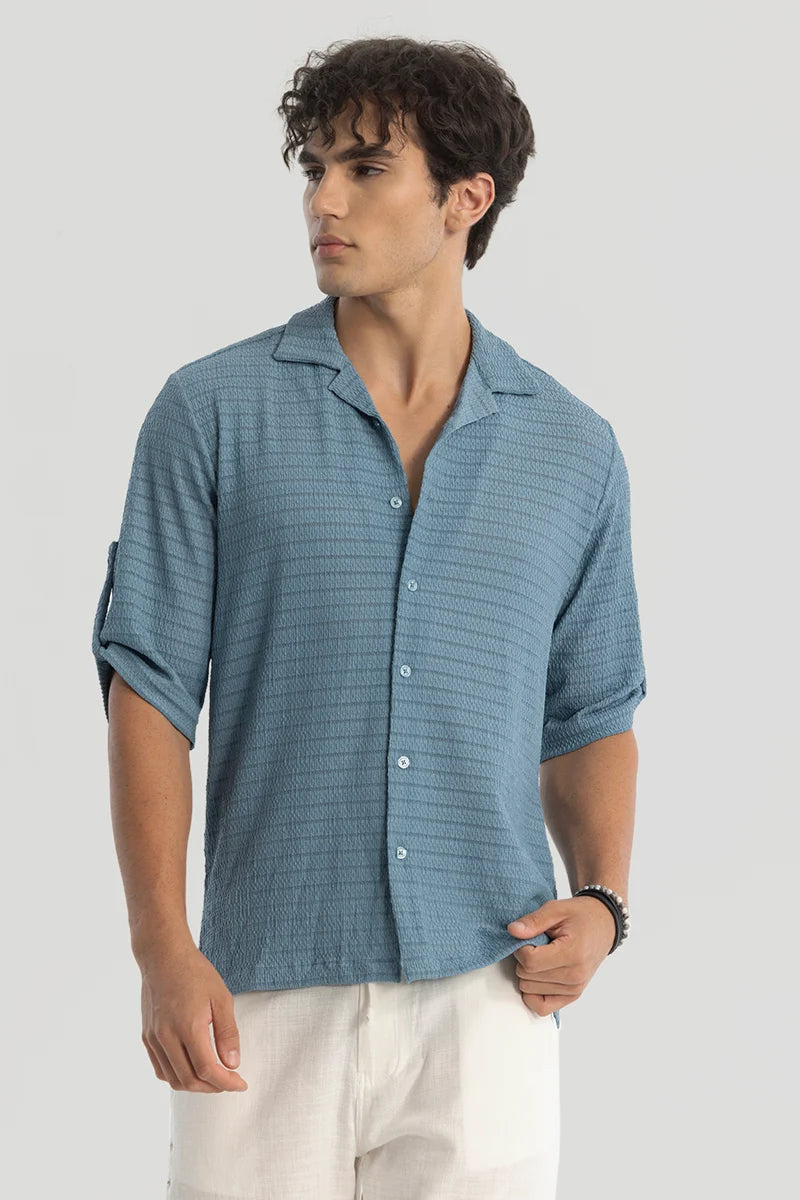 Blue Self-Design Cuban Shirt