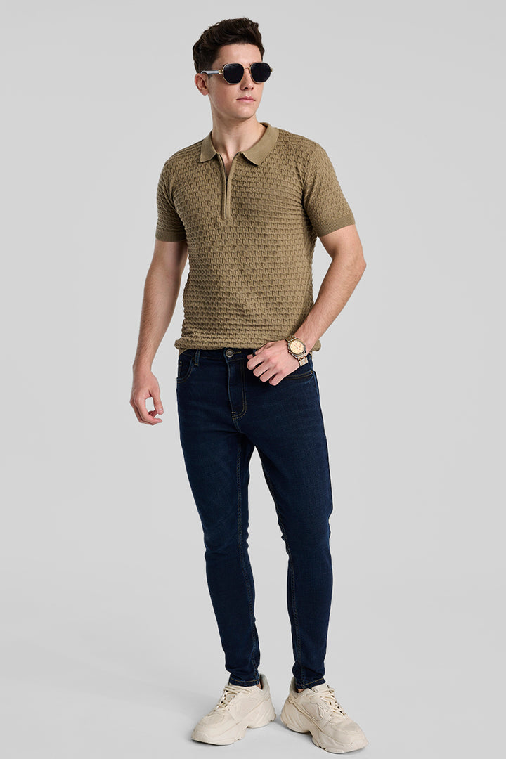 Khaki Zipper Knitted Polo T-Shirt